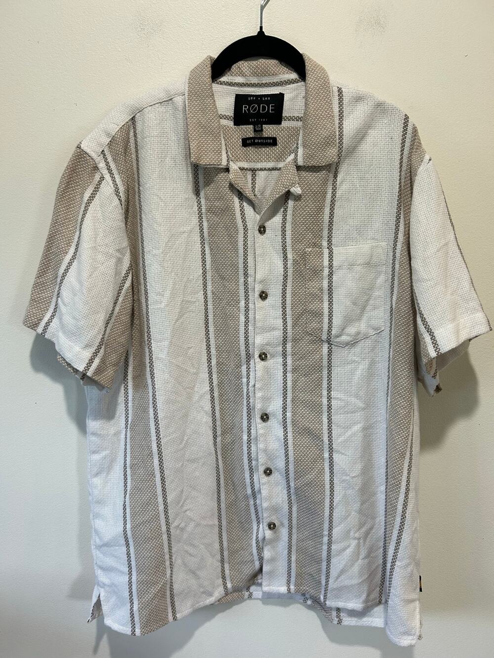 Rode mens button down shirt L white cream striped short sleeve textured